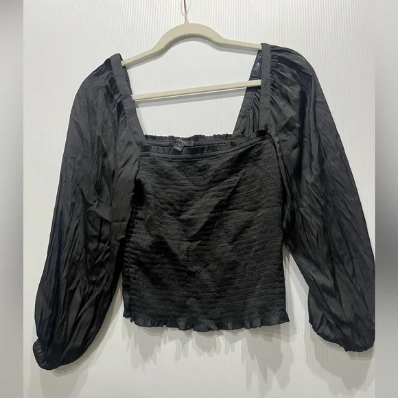 J Crew Womens Black Satin Smocked Long Sleeve Crop Blouse - Picture 2 of 9